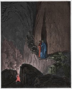 Inferno, Canto 26: De flammende åndene til Ulysses og Diomedes (Diomedes), illustrasjon fra The Divine Comedy av Dante Alighieri, 1885 (digitalt farget gravering)